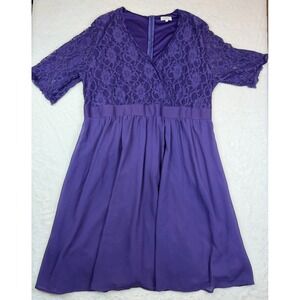 Pinup Fashion Purple Lace Bodice V-Neck Flared Sleeve Dress 22W